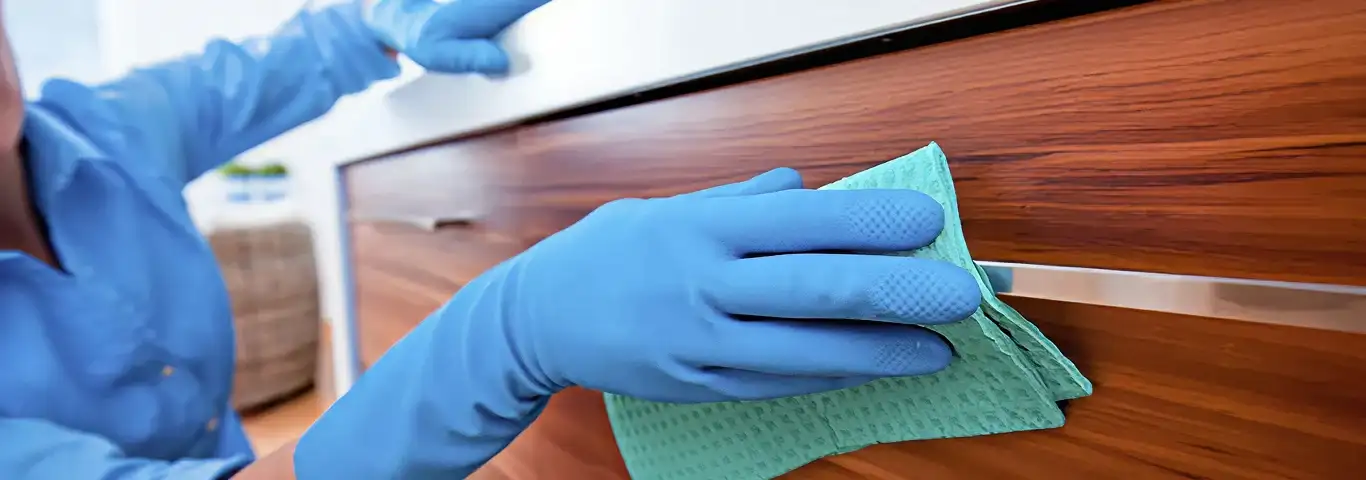Cleaner wearing blue gloves wiping a wooden cabinet drawer with a microfiber cloth for dust and grime removal, Worcester, MA.