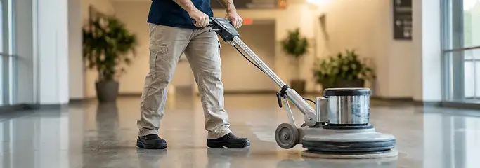 Professional technician using an industrial floor buffer to polish and maintain shiny commercial flooring in a corporate hallway in Worcester, MA.