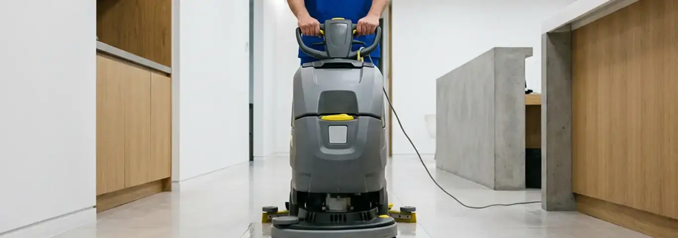Janitorial staff using a floor scrubber machine to clean a commercial hallway, Worcester, MA.