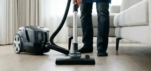 Professional house cleaner vacuuming a living room floor with a canister vacuum cleaner, Worcester, MA.