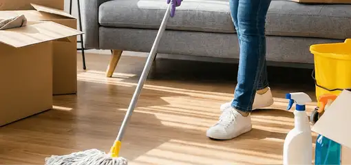 Move-out cleaning setup with a cleaner mopping hardwood floors near moving boxes and cleaning supplies, Worcester, MA.