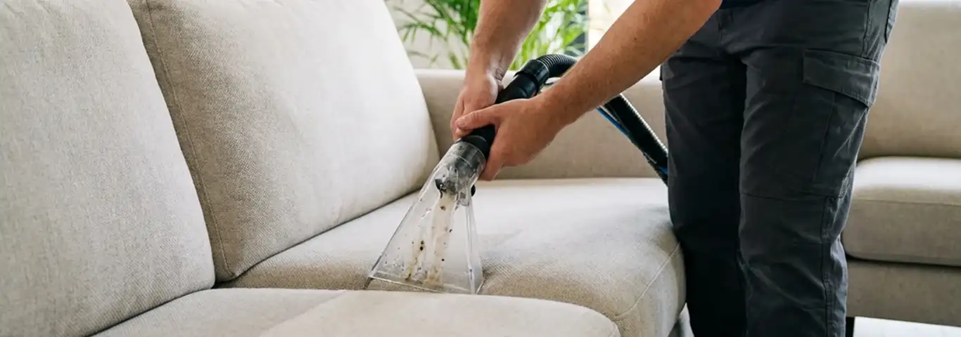 Technician extracting dirt and moisture from a fabric sofa with an upholstery cleaning wand, Worcester, MA.