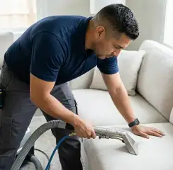 Professional upholstery cleaning technician using an extraction wand to deep-clean a fabric sofa, Worcester, MA.