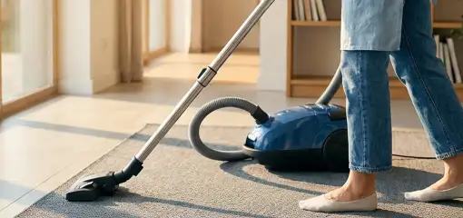 Person vacuuming a living room rug with a canister vacuum cleaner near large windows, Worcester, MA.